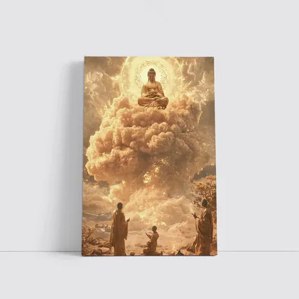 Golden Buddha Floating Above Worshipping Monks