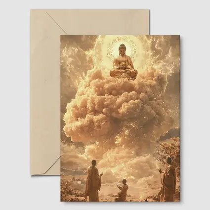 Golden Buddha Floating Above Worshipping Monks