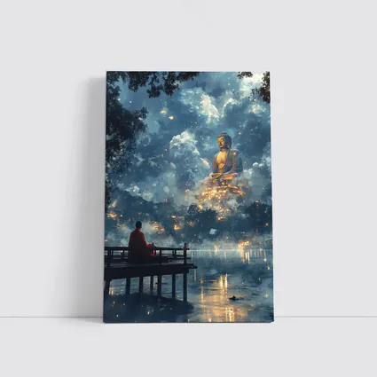 Monk Meditating Before Giant Buddha Clouds