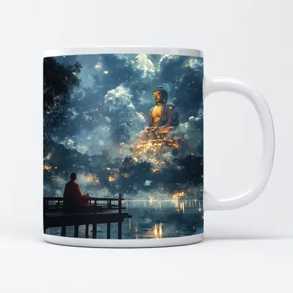 Monk Meditating Before Giant Buddha Clouds