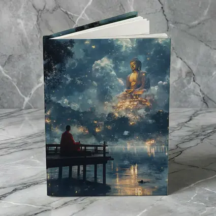 Monk Meditating Before Giant Buddha Clouds