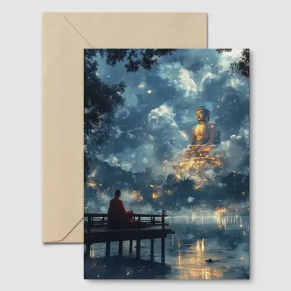 Monk Meditating Before Giant Buddha Clouds