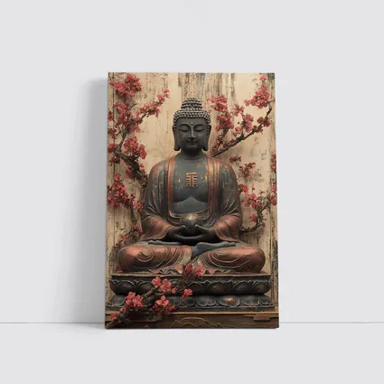 Buddha Statue Cherry Blossoms Rustic Wood Background