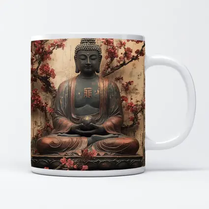 Buddha Statue Cherry Blossoms Rustic Wood Background