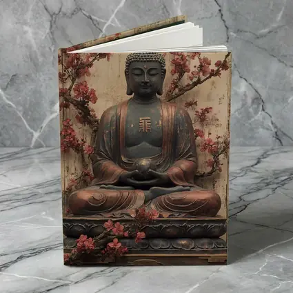Buddha Statue Cherry Blossoms Rustic Wood Background