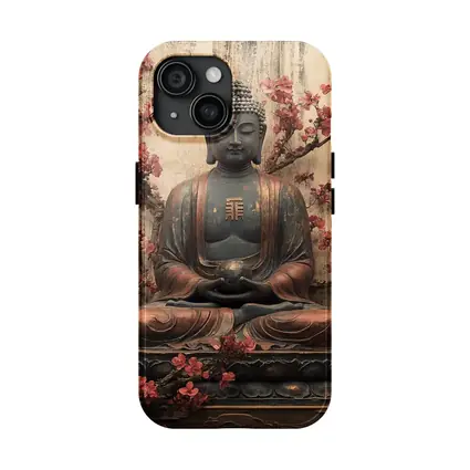 Buddha Statue Cherry Blossoms Rustic Wood Background