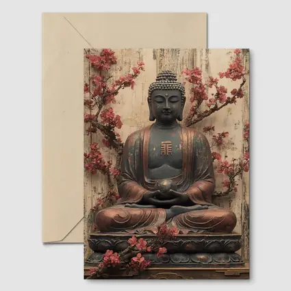 Buddha Statue Cherry Blossoms Rustic Wood Background