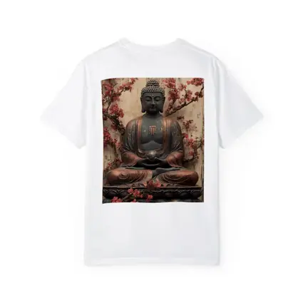 Buddha Statue Cherry Blossoms Rustic Wood Background