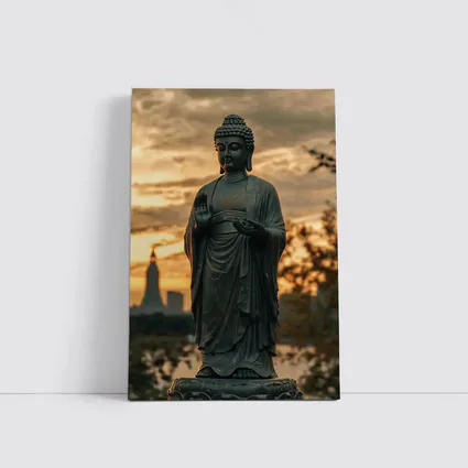 Bronze Buddha Statue Glowing Sunset City
