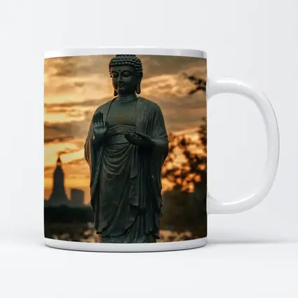 Bronze Buddha Statue Glowing Sunset City