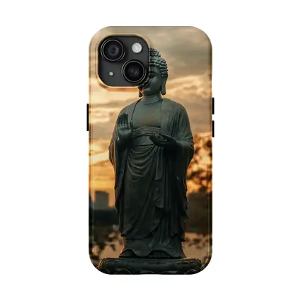 Bronze Buddha Statue Glowing Sunset City