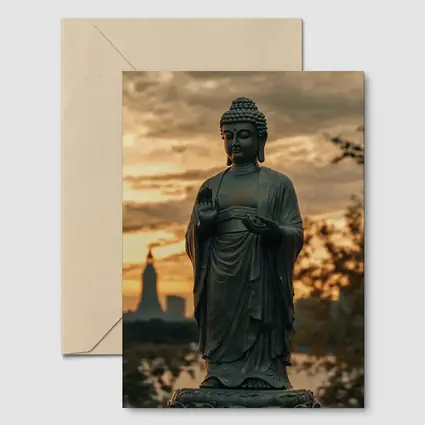 Bronze Buddha Statue Glowing Sunset City