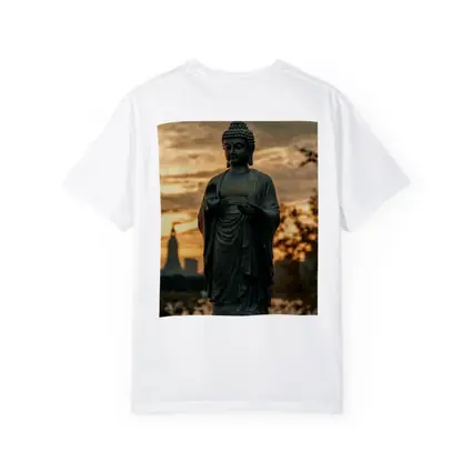 Bronze Buddha Statue Glowing Sunset City