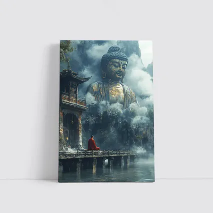 Monk Meditating Before Giant Buddha Misty Mountains