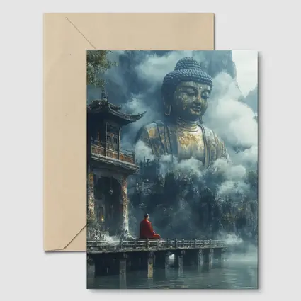 Monk Meditating Before Giant Buddha Misty Mountains