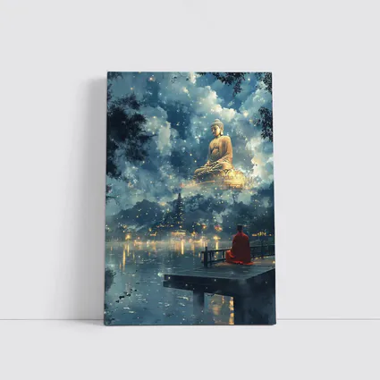 Buddhist Monk Meditating by Mystical Lake