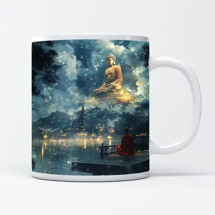 Buddhist Monk Meditating by Mystical Lake
