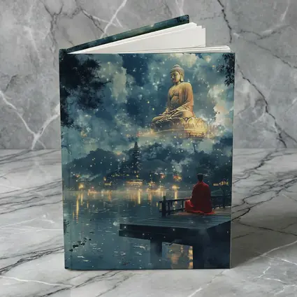 Buddhist Monk Meditating by Mystical Lake