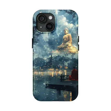 Buddhist Monk Meditating by Mystical Lake