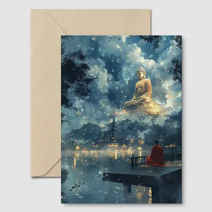 Buddhist Monk Meditating by Mystical Lake