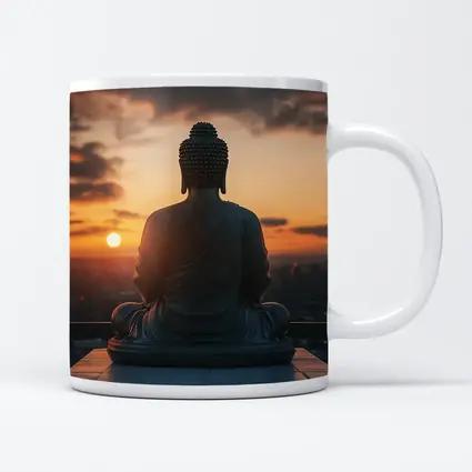 Buddha Statue Meditating Against Sunset Cityscape