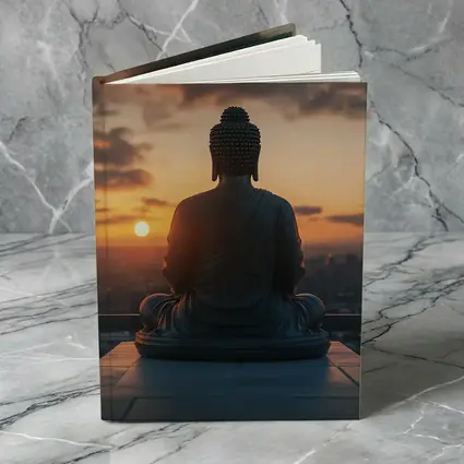 Buddha Statue Meditating Against Sunset Cityscape