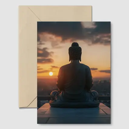 Buddha Statue Meditating Against Sunset Cityscape