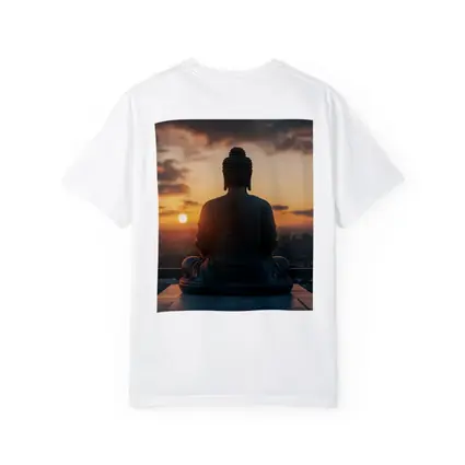 Buddha Statue Meditating Against Sunset Cityscape