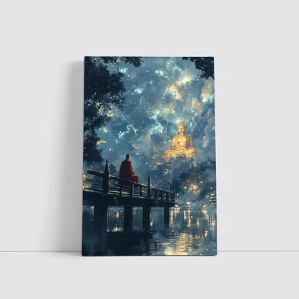 Buddhist Monk Meditating By Glowing Night Sky