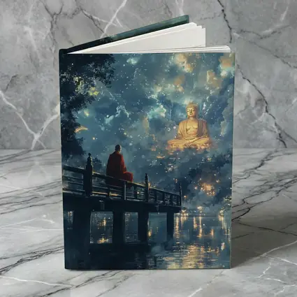 Buddhist Monk Meditating By Glowing Night Sky