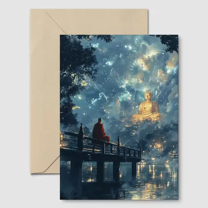 Buddhist Monk Meditating By Glowing Night Sky