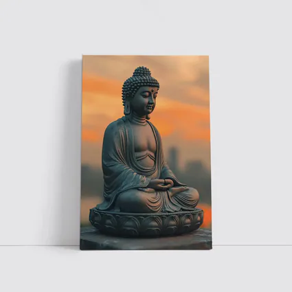 Buddha Statue Meditating at Sunset Sky
