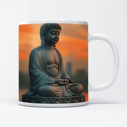 Buddha Statue Meditating at Sunset Sky
