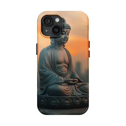 Buddha Statue Meditating at Sunset Sky