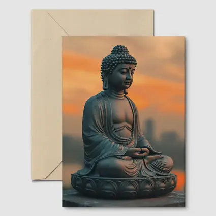 Buddha Statue Meditating at Sunset Sky