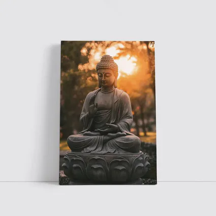 Buddha Statue Meditating Golden Sunset Garden