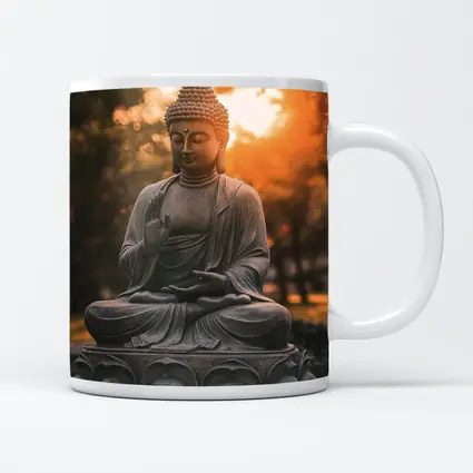 Buddha Statue Meditating Golden Sunset Garden