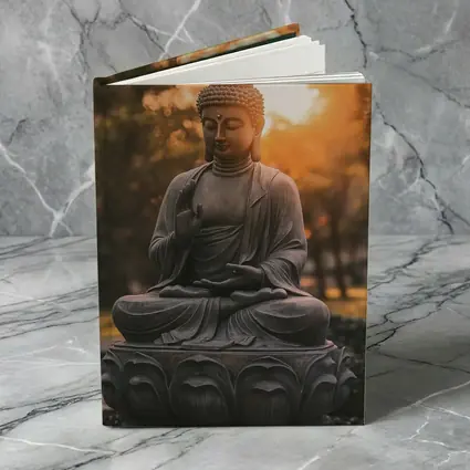 Buddha Statue Meditating Golden Sunset Garden