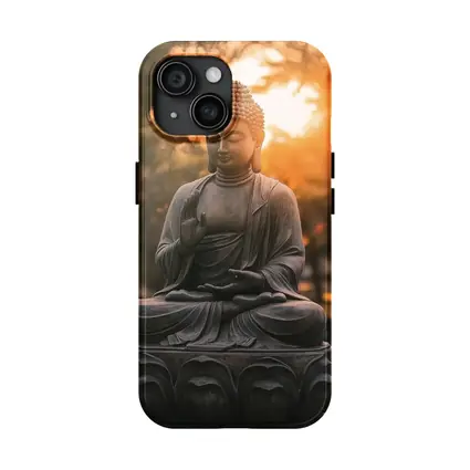 Buddha Statue Meditating Golden Sunset Garden