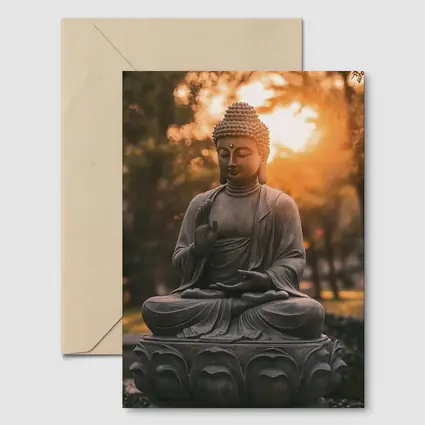Buddha Statue Meditating Golden Sunset Garden