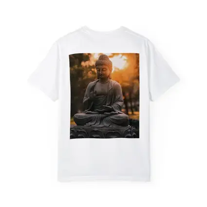 Buddha Statue Meditating Golden Sunset Garden