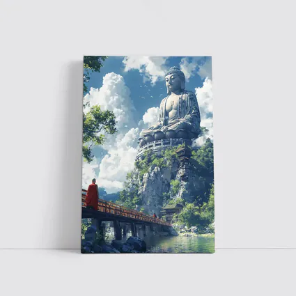 Giant Buddha Statue Monk Rocky Cliff