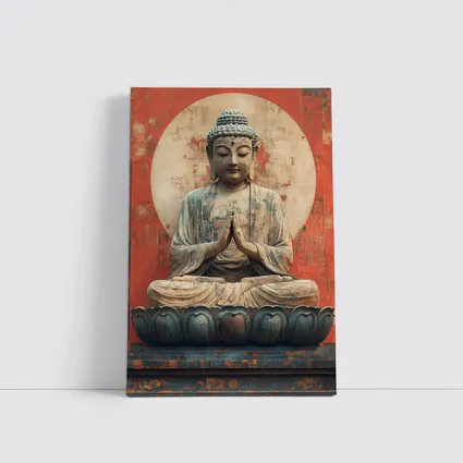 Ancient Buddha Statue Red Distressed Wall