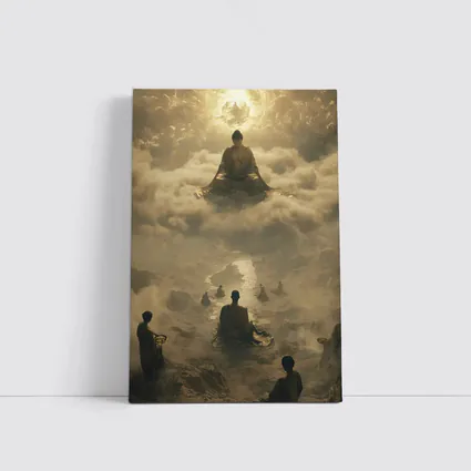 Buddha Meditating Above Monks Golden Clouds