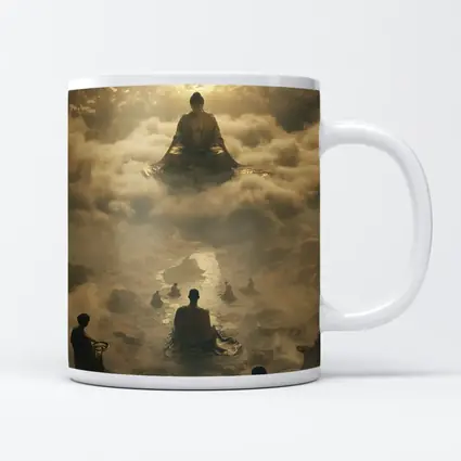 Buddha Meditating Above Monks Golden Clouds
