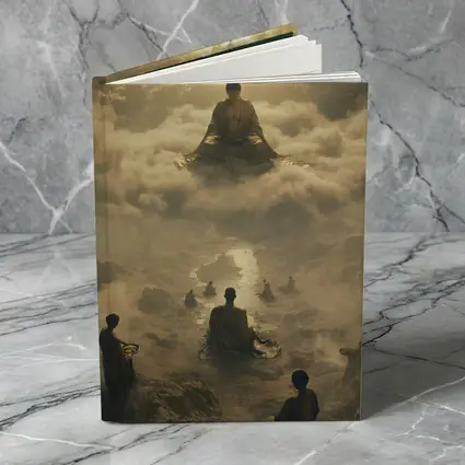 Buddha Meditating Above Monks Golden Clouds