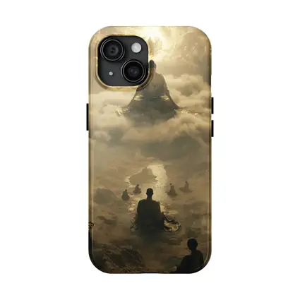 Buddha Meditating Above Monks Golden Clouds