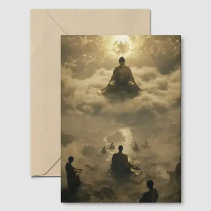 Buddha Meditating Above Monks Golden Clouds