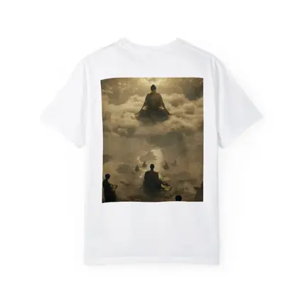 Buddha Meditating Above Monks Golden Clouds