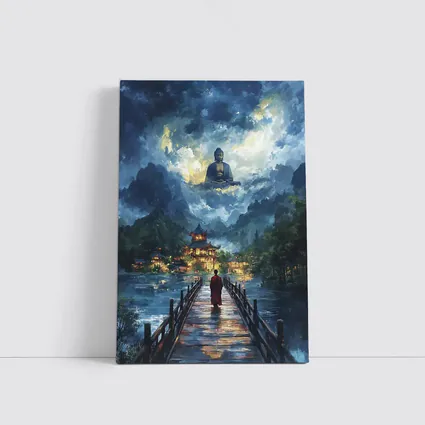 Buddhist Monk Walking Bridge Temple Night